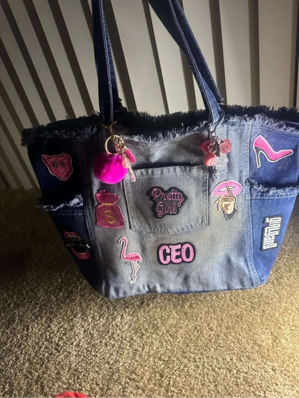 Denim Patch Tote Bag - Pink Accents